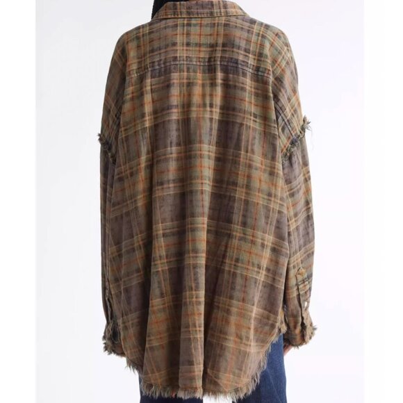 NWT R13 Shredded Seam Drop Neck Shirt Teal Navy Yellow Plaid Brown - Picture 12 of 13